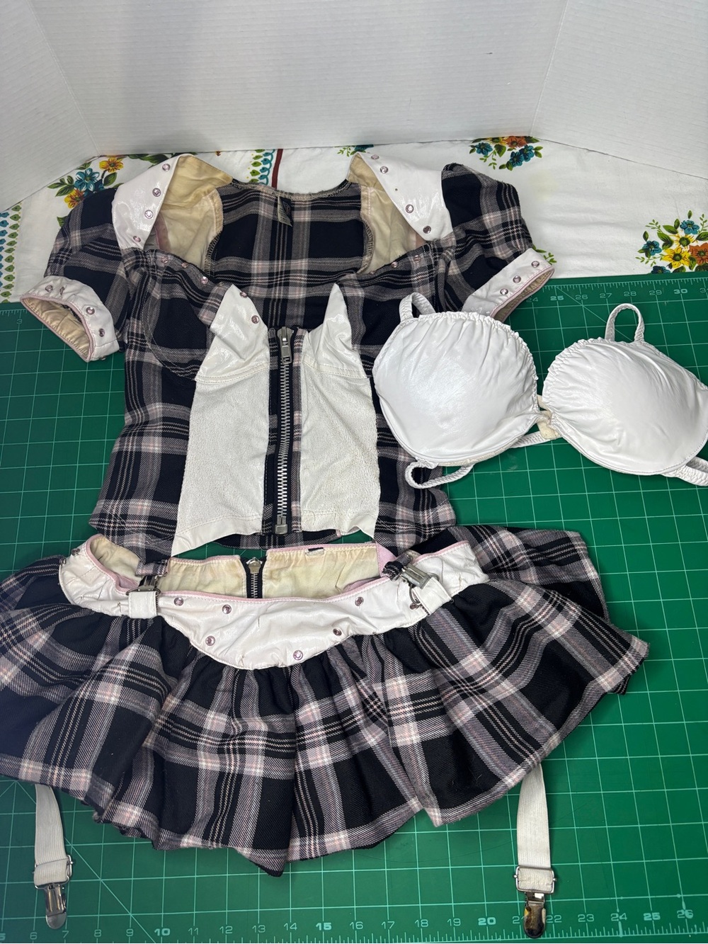 Forplay Women’s XS/S Plaid Schoolgirl Dress White Faux Leather Accents